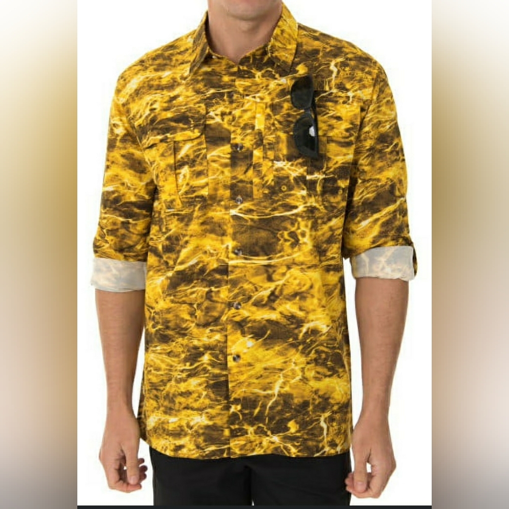 Mossy Oak Yellow and Orange Performance Fishing Shirt Sz 3X